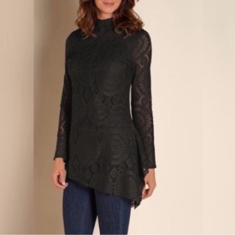 Soft Surroundings Black Lace Tunic Top Blouse Size M Asymmetrical Hem Mock Neck